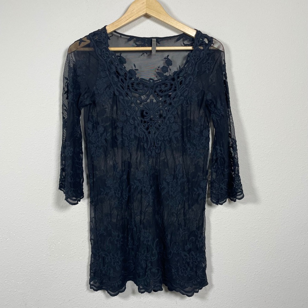 XCVI Sheer Mesh Tunic Women XS Black Dark Fairy Whimsigoth Embroidered Lace Top